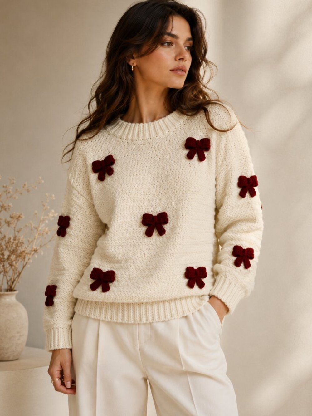 Handmade Crochet Bow Sweater for Women – Cozy Cream Knit Pullover